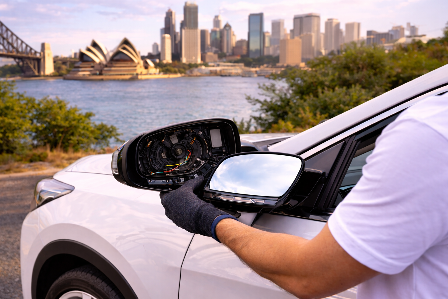 Side mirror replacement in progress at a Sydney auto repair shop