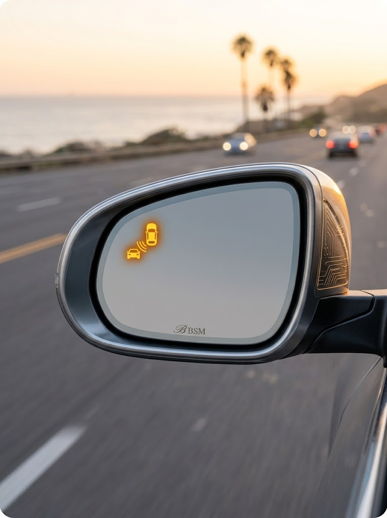 Car mirror with integrated blind-spot sensor indicator